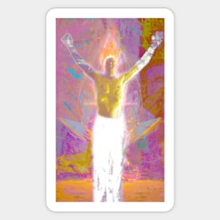 Portrait, digital collage and special processing. Shirtless man, stands. All chakras opened. Mystic. Bright, colorful. Sticker